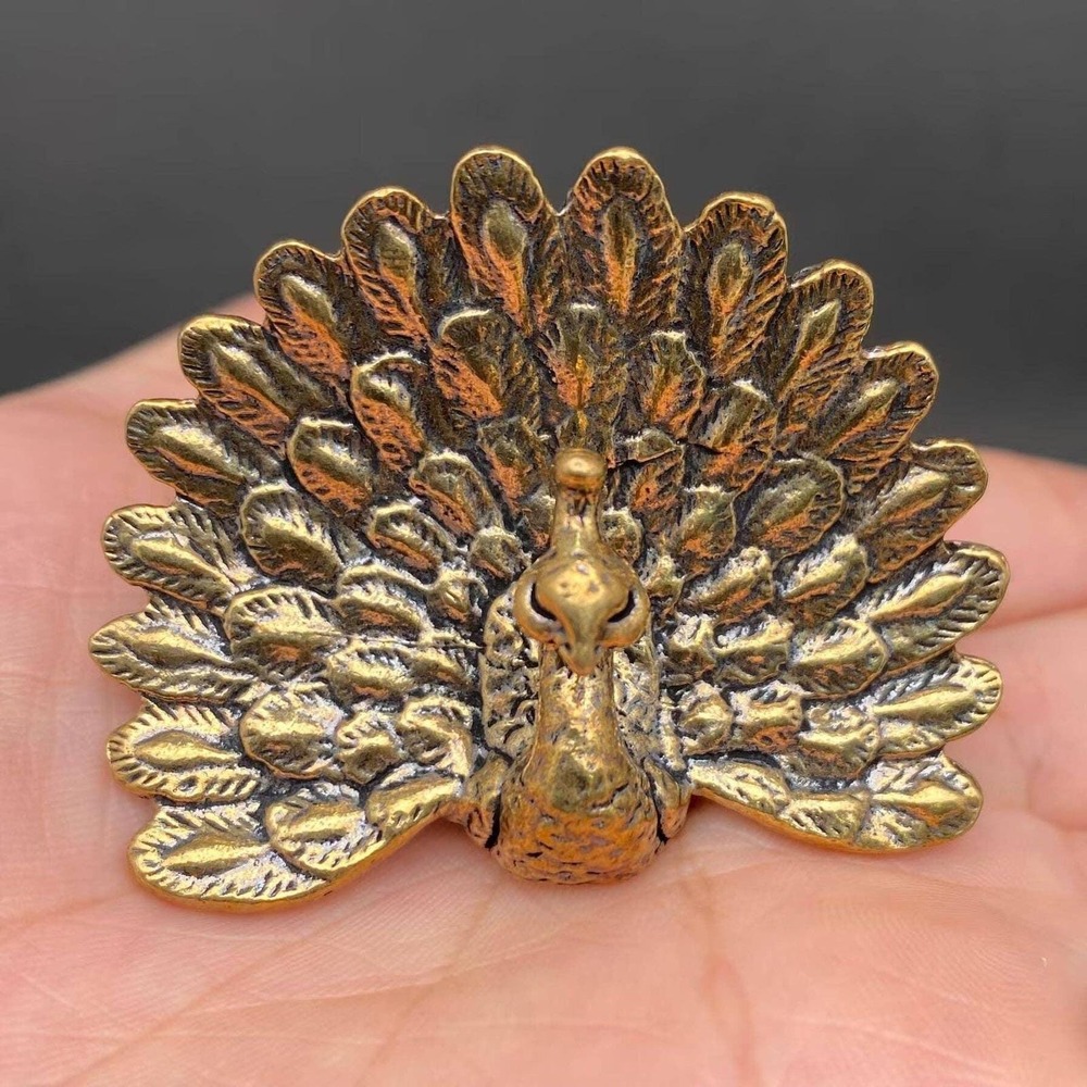 Brass Peacock Figurine Miniature Beauty Totem Altar Decor Spirit Animal
